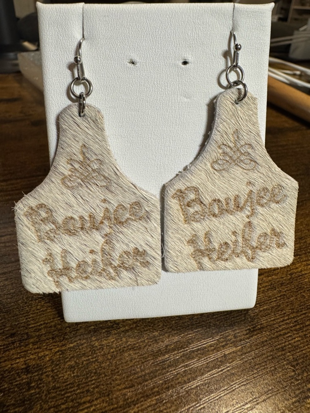*Cowhide Boujee Heifer Cow Tag Earrings - 2in